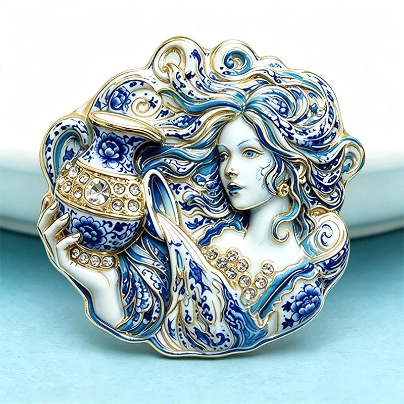 Wuli&baby Charming Aquarius Lady Brooches For Women Unisex 2-color Rhinestone Zodiac Sign Character Party Office Brooch Pin Gift