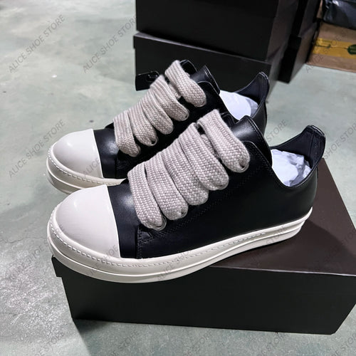 Brand Men Shoe Casual Leather Trainer Low Top Women Sneaker Flat Luxury Jumbo Lace Footwear Designer Platform Black Flat Shoe