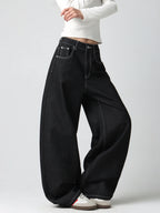Women's Vintage American-Style Pocket Embroidered Print Loose High-Waist Wide-Leg Jeans Y2K Street Trend Simple Comfortable Everyday Versatile Pants