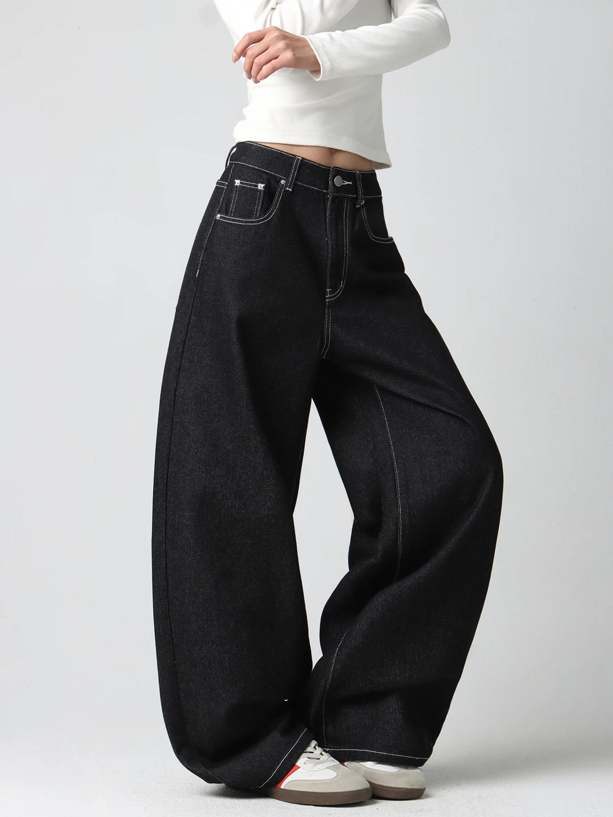 Women's Vintage American-Style Pocket Embroidered Print Loose High-Waist Wide-Leg Jeans Y2K Street Trend Simple Comfortable Everyday Versatile Pants