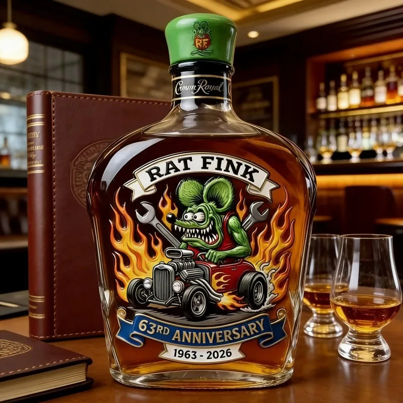 Rat Fink Tribute Whiskey Decanter, Hot Rod Design Collectible Liquor Bottle for Car Enthusiasts