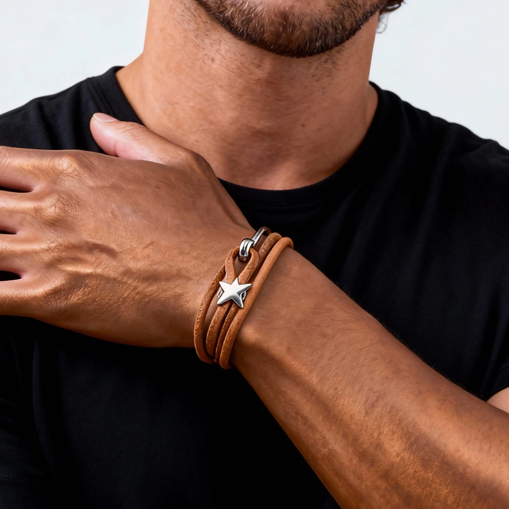 Multilayer Leather Bracelet for Men,Trendy Complicated Stacking Fish Hook Wristband,Rock Punk Jewelry Gift