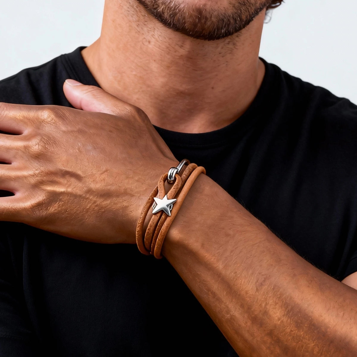 Multilayer Leather Bracelet for Men,Trendy Complicated Stacking Fish Hook Wristband,Rock Punk Jewelry Gift