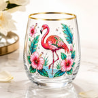 Flamingo Cocktail Glass Tropical Hibiscus Decal Stemless Beer Cup Gold Rim Bar Drinkware Party Gift