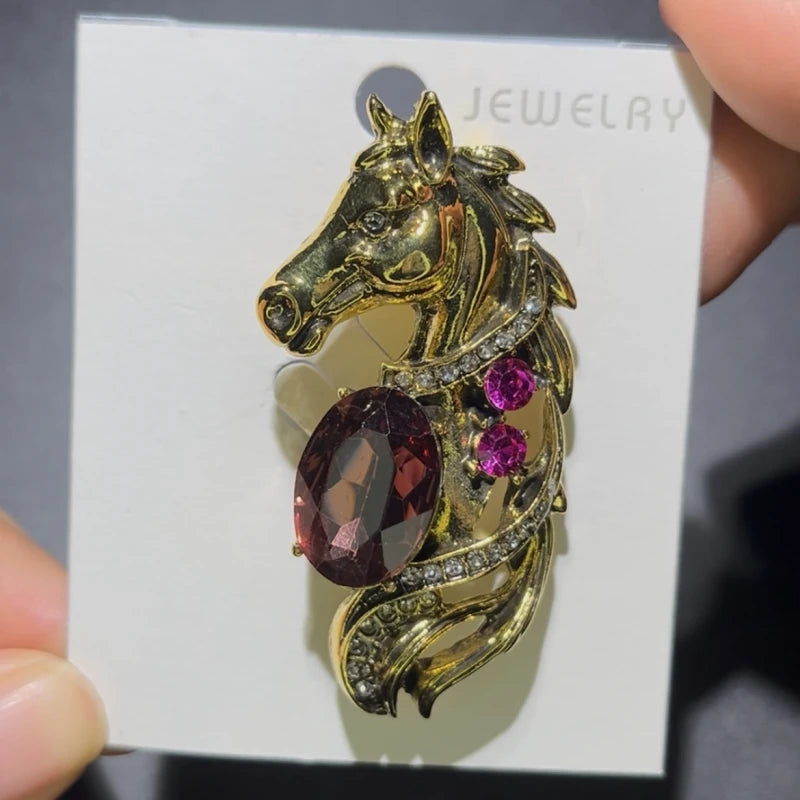Wuli&baby Vintage Horse Head Horsehair Brooch Pins Crystal Animal Badge Women Jewelry Accessory Gift