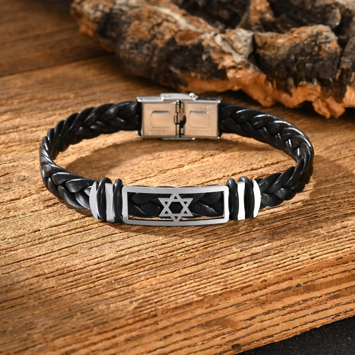 Hexagonal Star Leather Bracelet for Men,Black PU Woven Leather Wristband,Trendy Jewelry Gift