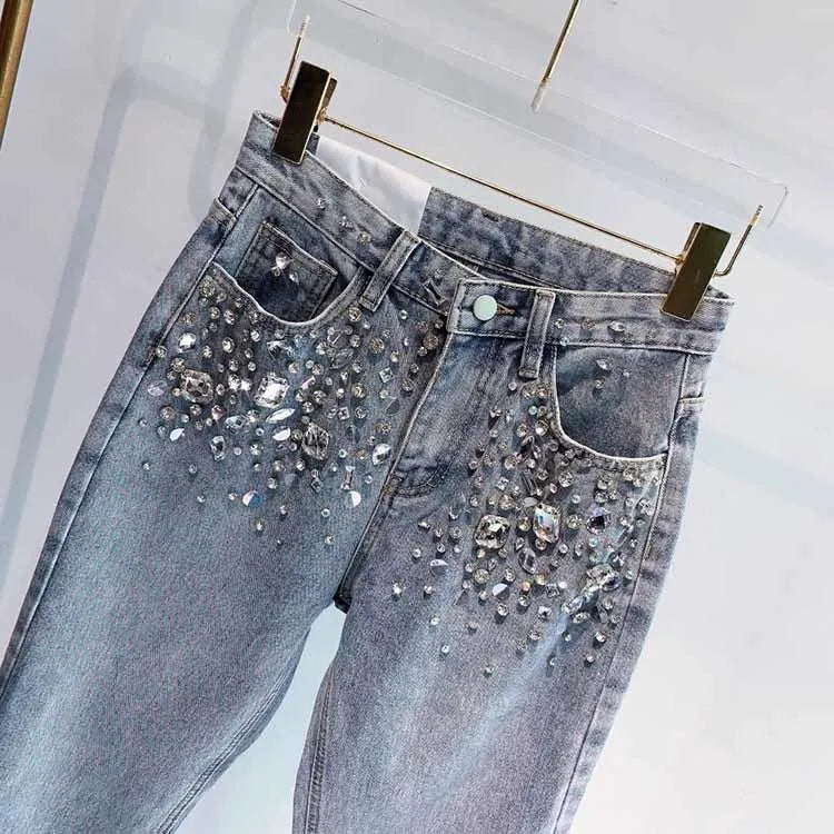 European Fashion New Heavy Industry Full Diamond Rhinestone Flash Denim Pants Women's Jeans Blue 2024 Spring Summer