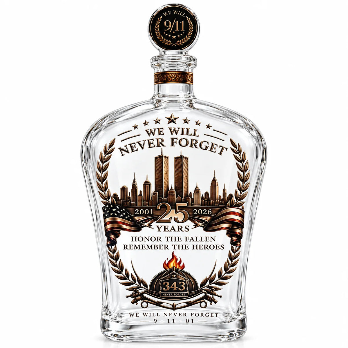Patriotic 9/11 Memorial Glass Decanter 350mL 25th Anniversary Tribute Liquor Bottle Decorative Collectible Keepsake Gift