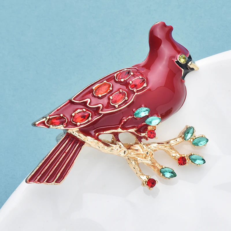 Wuli&baby Enamel North American Cardinals Bird on Crystal Tee Branch Brooch Pins Animal Badge Jewelry Gift