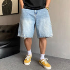 Fashion 2026 New Retro Personalized Ripped Denim Shorts Men's Summer Trendy Brand Ruffian Handsome Straight Baggy Medium Pants