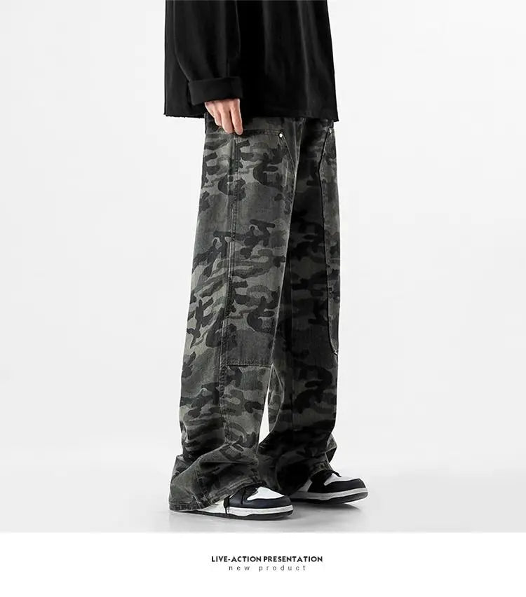 Camouflage Tooling Jeans Autumn New High Street Retro Loose Straight Wide Leg Baggy Trousers Cargo Pants Men Low Rise Jeans