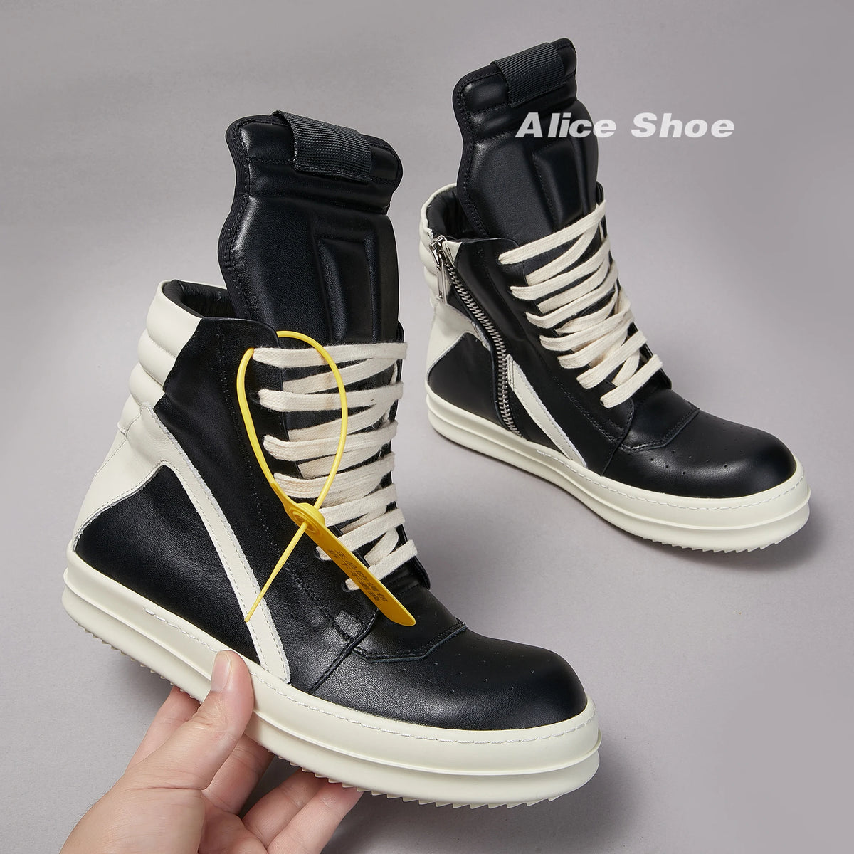 PENDRA Geobasket Shadow Black Leather High-Top Zip Thick-Sole Ankle Boots