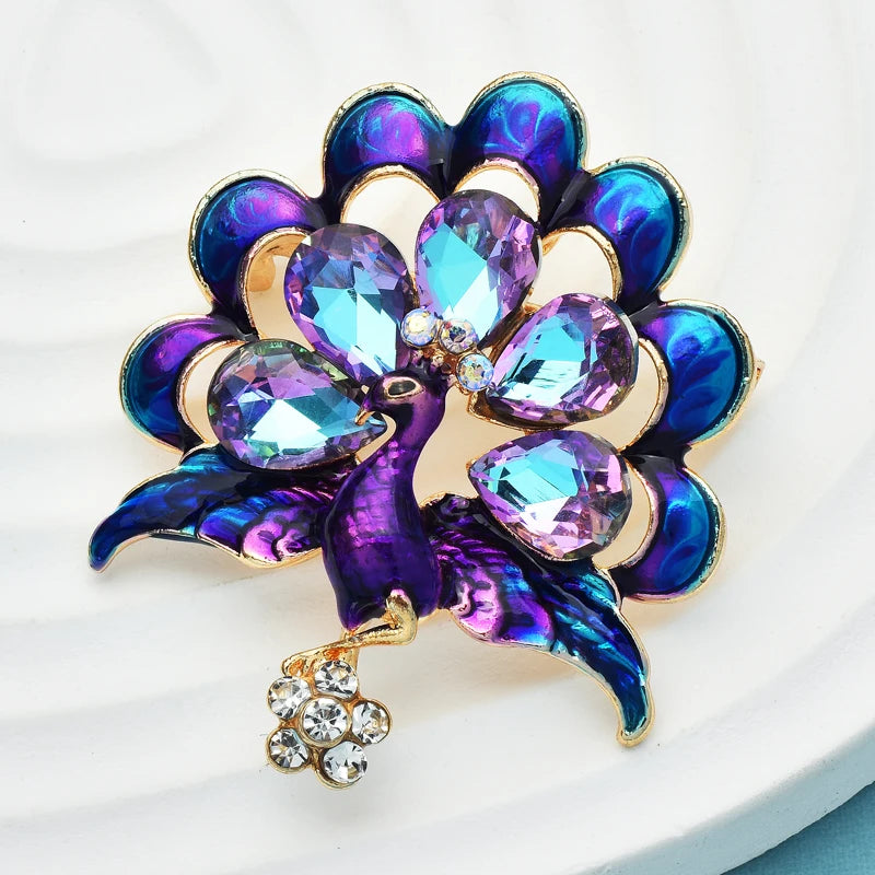 Wuli&baby Cute Glass Peacock Brooches For Women Beauty Lovely Fanning Tail Bird Party Office Brooch Pin Gifts