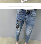 Luxury Brand Men's Slim Denim Jeans Casual Pencil Pants with Embroidery 2024 New Korean Fashion Autumn Summer Blue Long Pants