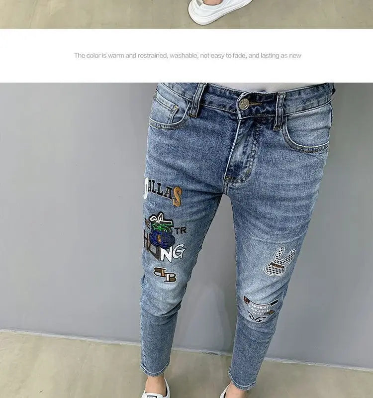 Luxury Brand Men's Slim Denim Jeans Casual Pencil Pants with Embroidery 2024 New Korean Fashion Autumn Summer Blue Long Pants