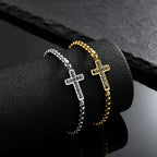 Stylish Men's Cross Bracelet,High Quality Stainless Steel Box Chain with Black CZ, Adjustable Hip Hop Faith Jewelry Gift