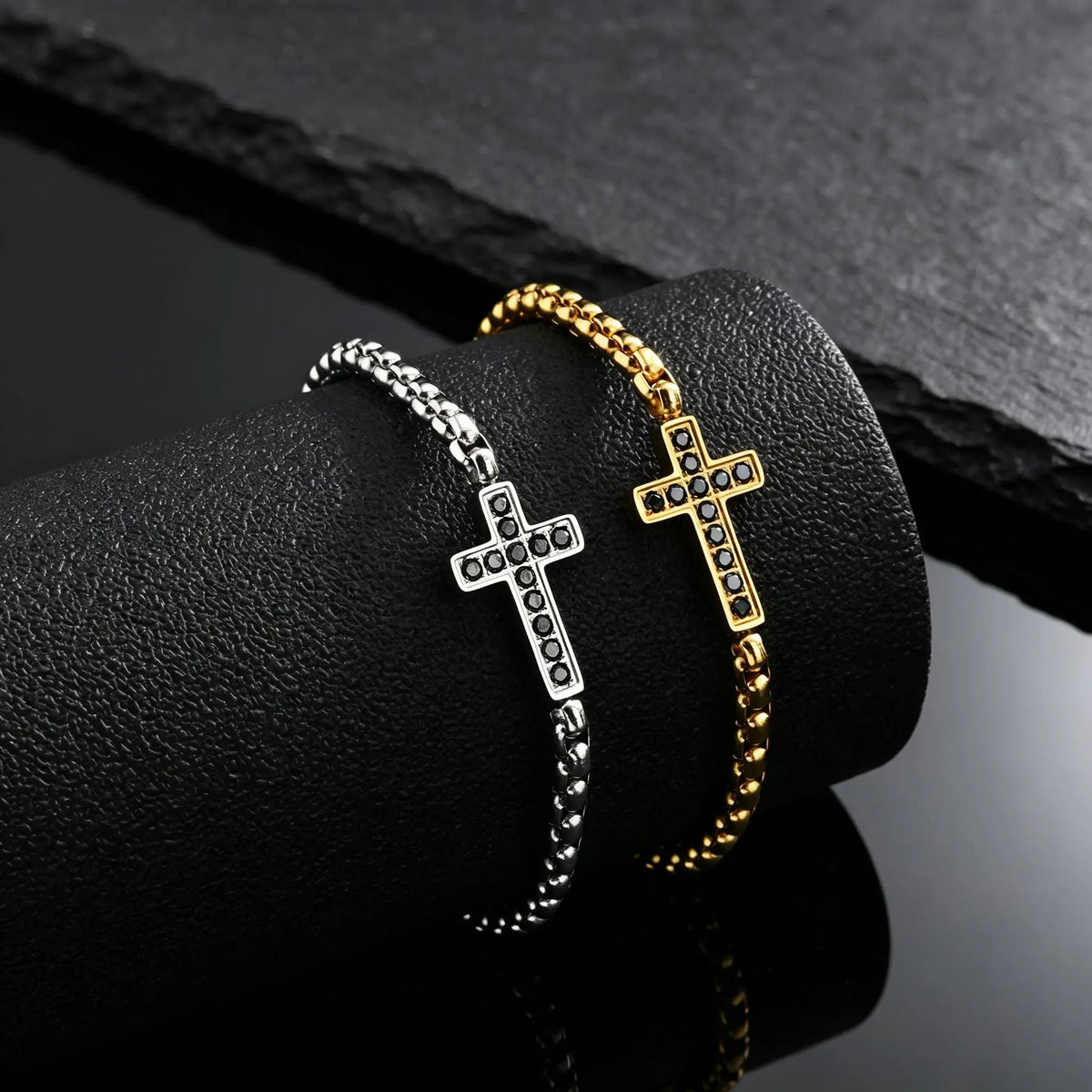 Stylish Men's Cross Bracelet,High Quality Stainless Steel Box Chain with Black CZ, Adjustable Hip Hop Faith Jewelry Gift
