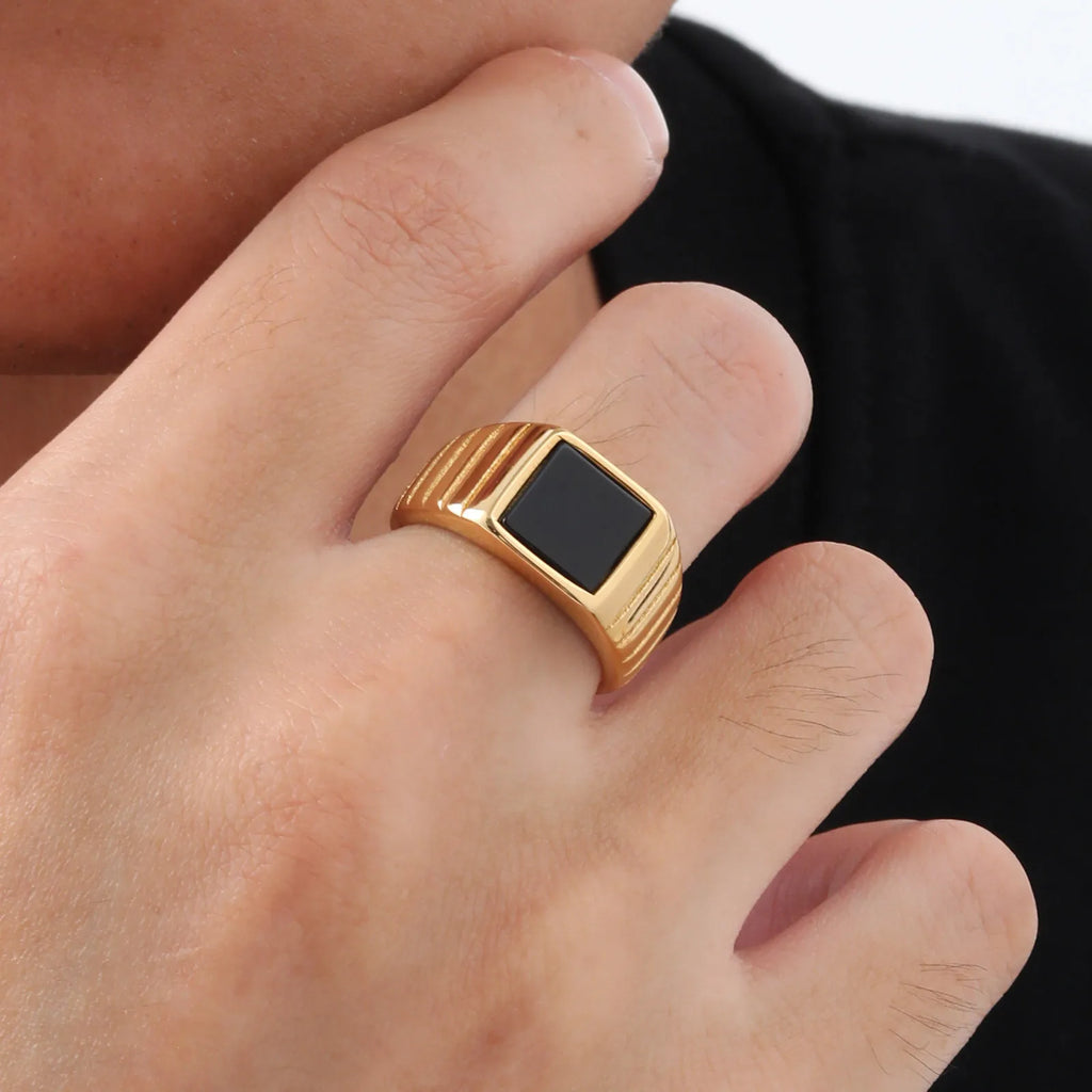 Black Stone Ring for Men,Gold Color Stainless Steel Square Ring Thumb Ring Signet Ring Wedding Ring,Classic Trendy Jewelry Gift