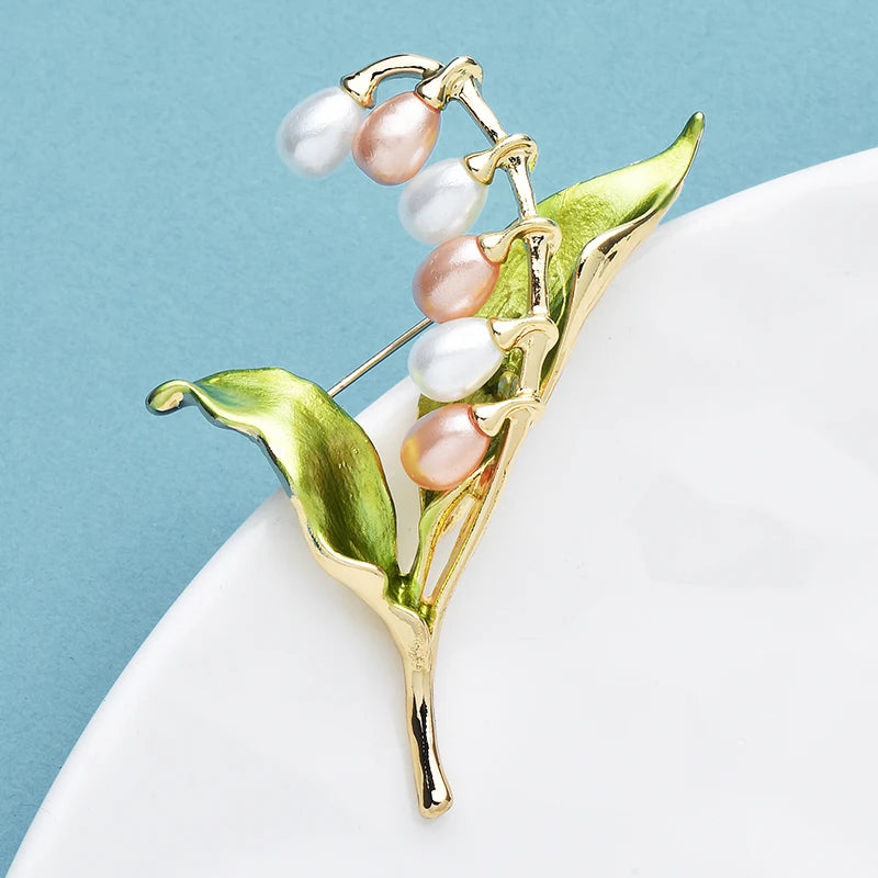 PENDRA Lilyvale Enamel Leaf and Pearl Lily Brooch