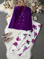 Elegant and Fashionable Two-Piece Set, Butterfly-Print Lapel, Solid Color Long-Sleeved Suit Jacket, Slim High-Waisted Pants.