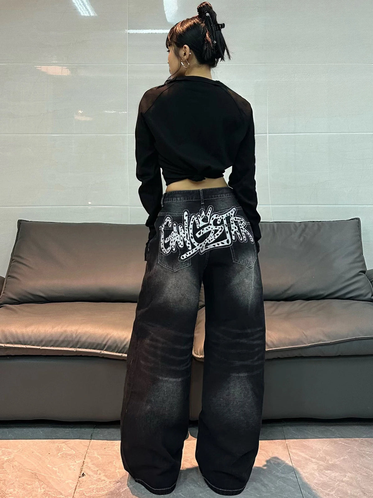 American Vintage Distressed Washed Letter Embroidery Loose Jeans Y2K Street Fashion Versatile Black Wide-Leg Pants For Women