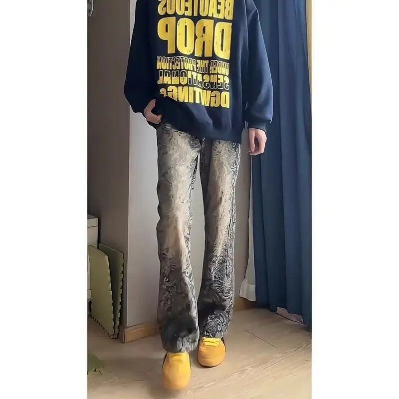 Luxury Men's Trousers 2026 Trend Beauty Coffee Washed Men's Embroidery Slim Design Micro Baggy Straight Pants Flare Jeans