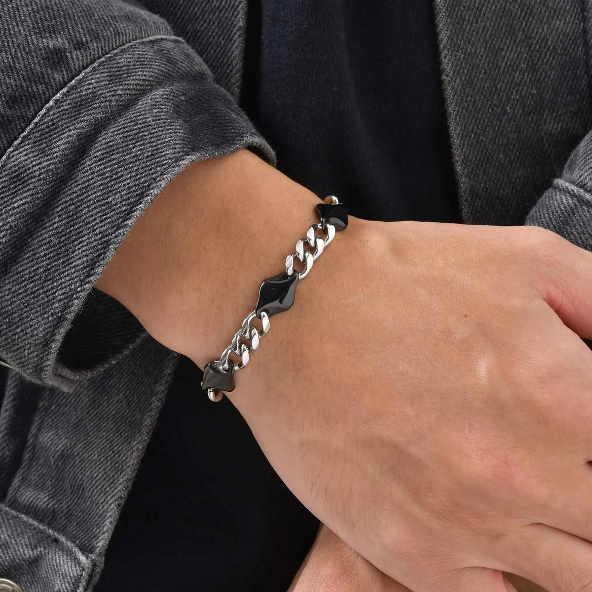 Cool Punk Stainless Steel Chain Bracelet for Men,21CM Silver Color Metal Chain Wristband,Hip Hop Jewelry Gift