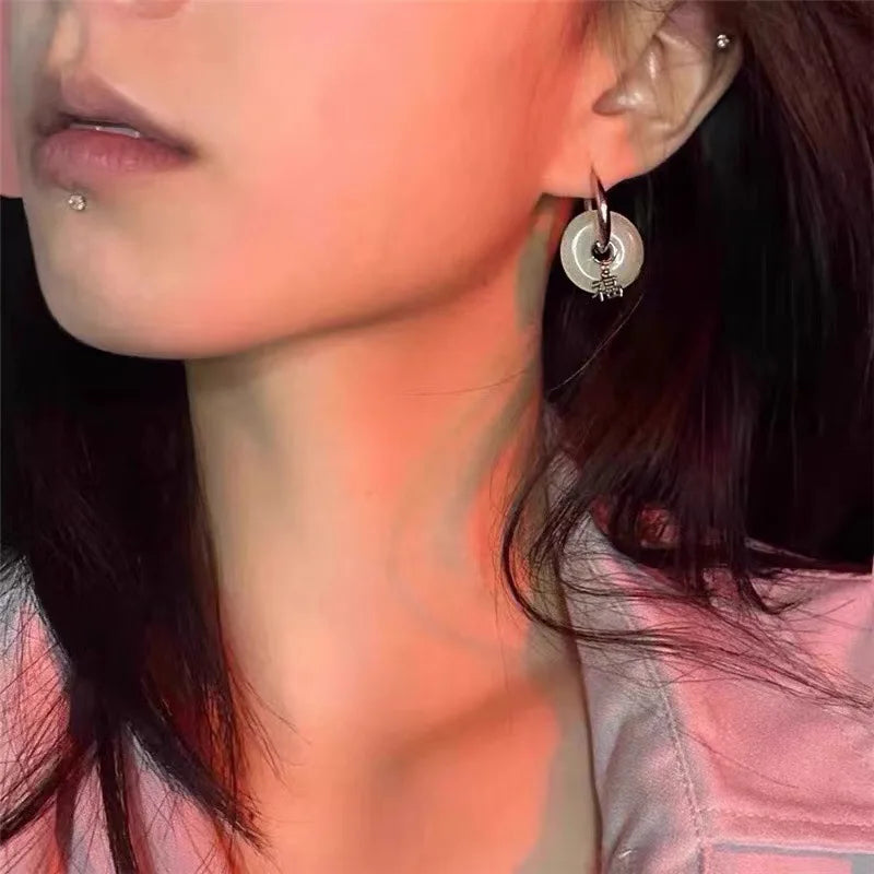 VENTFILLE Unique Green Jade Round Stainless Steel Hoop Earrings For Women Vintage Elegant Earclip Earrings Statement Jewelry