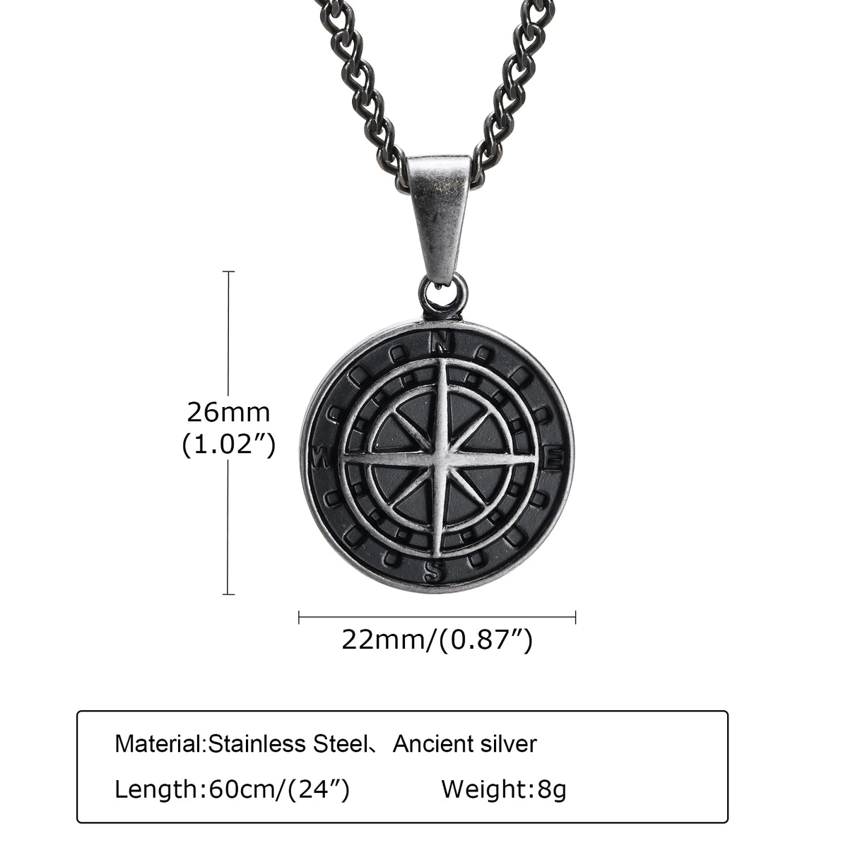 Men Retro Silver Color Seeker Compass Necklaces, Rock Punk Vintage Metal Stainless Steel Round Coin Pendant Collar Gift Jewelry