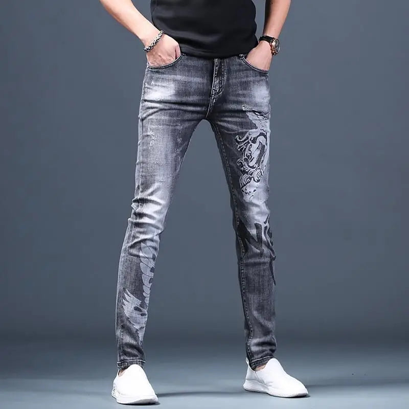 PENDRA Denim Cotton Printed Trousers