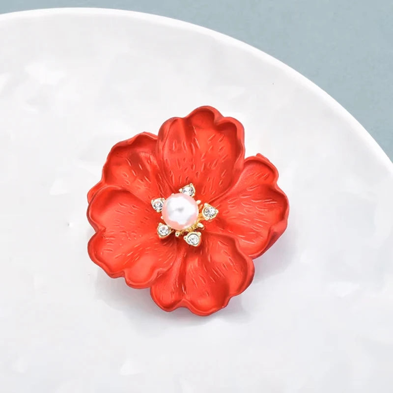 PENDRA DuoBloom Red-and-Blue Enamel Pearl Flower Brooch