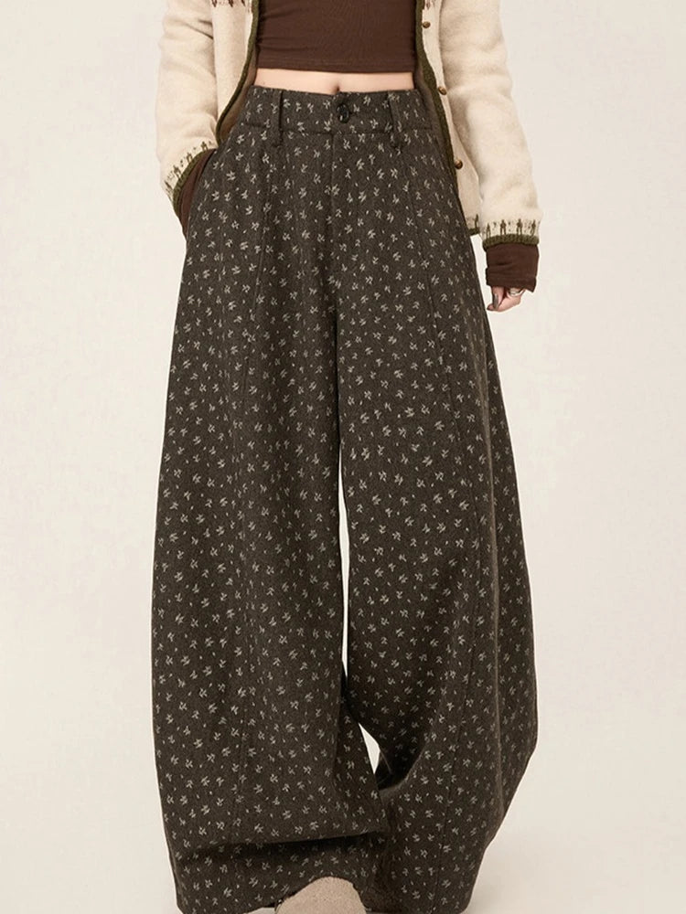 Lazy style floral print woolen suit pants women in winter new loose and versatile casual curved knife wide leg pants
