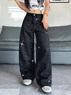 Women's American Retro Washed Niche Design Hot Diamond Black High-Waisted Jeans, Casual, Loose And Versatile Wide-Leg Pants, Trendy Straight Trousers