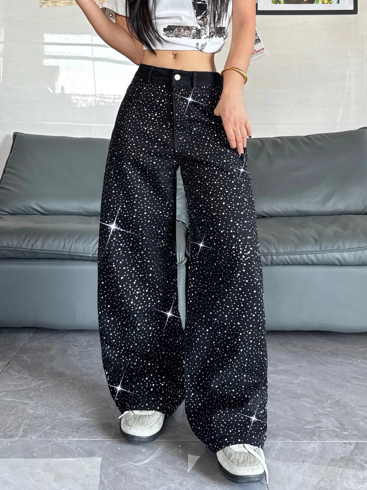 Women's American Retro Washed Niche Design Hot Diamond Black High-Waisted Jeans, Casual, Loose And Versatile Wide-Leg Pants, Trendy Straight Trousers