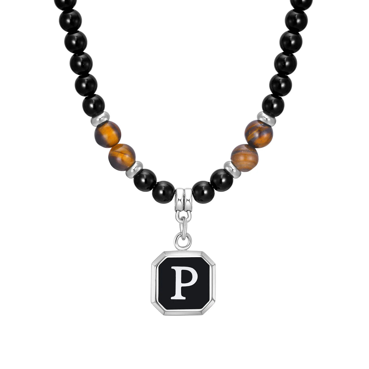 Initials Beaded Necklaces for Men Boys,Tiger Eye Alphabet A-Z 26 Letters Pendant Necklace,Stylish Jewelry Gift