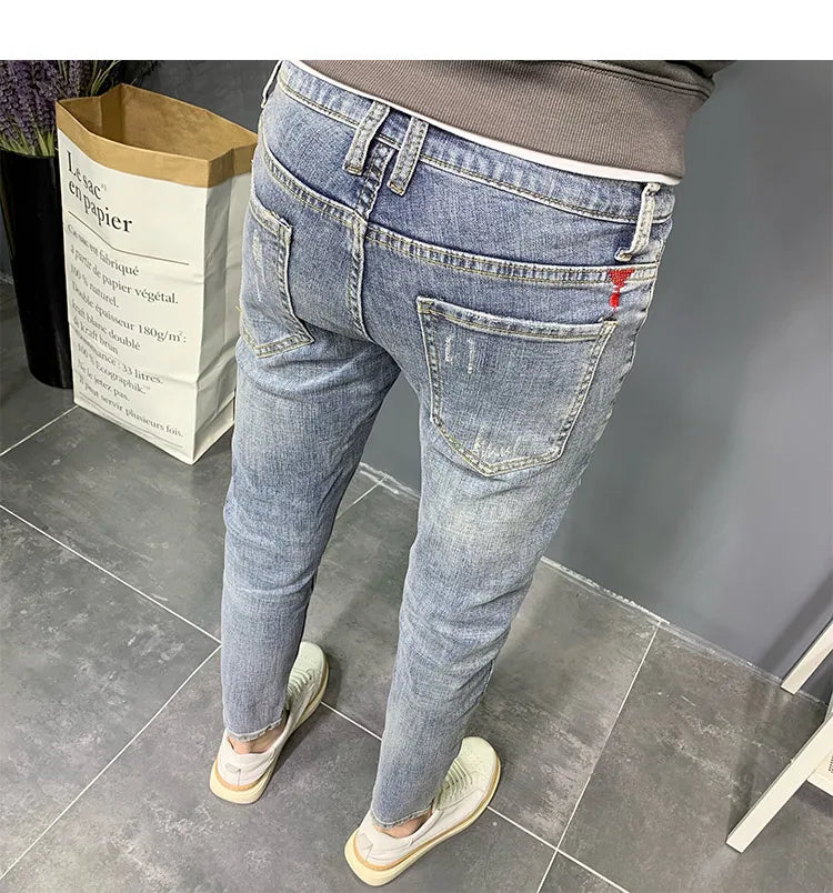 Summer light color jeans men's retro fashion brand embroidery slim fit small feet Korean fashion casual thin nine point pants