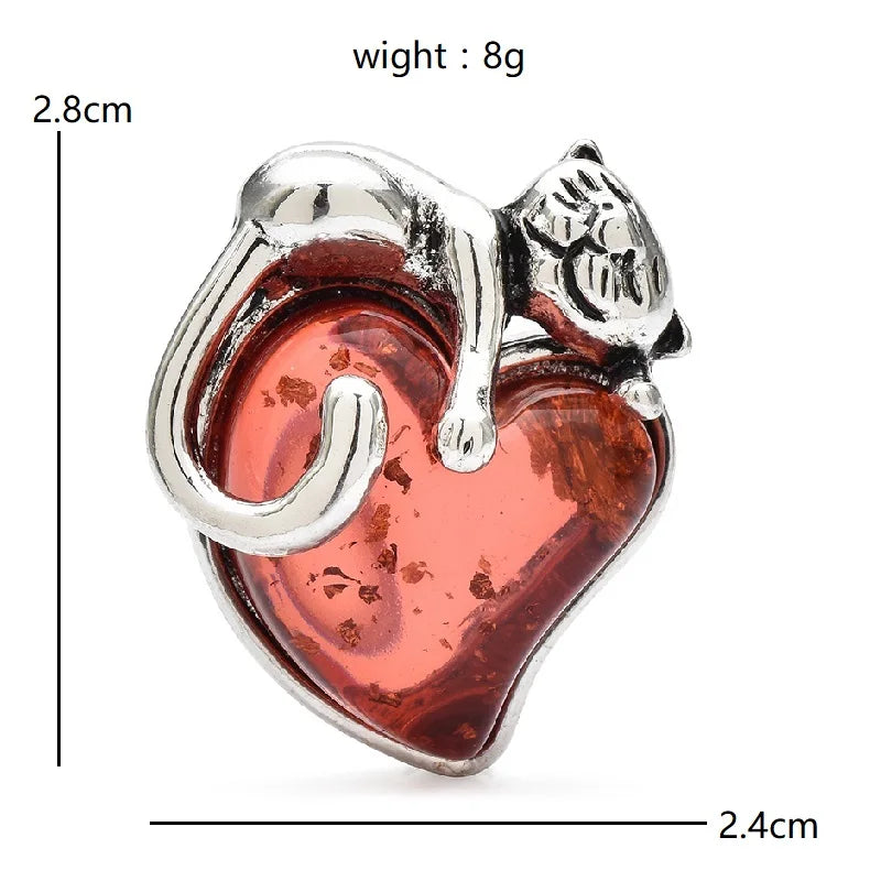 Wuli&baby Cute Vintage Heart Cat Brooches 2-color Metal Animal Love Brooch For Women's Clothes Backpack Pins Badge Gifts