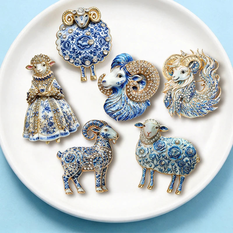 PENDRA Porcelaine Blue-White Goat Brooch