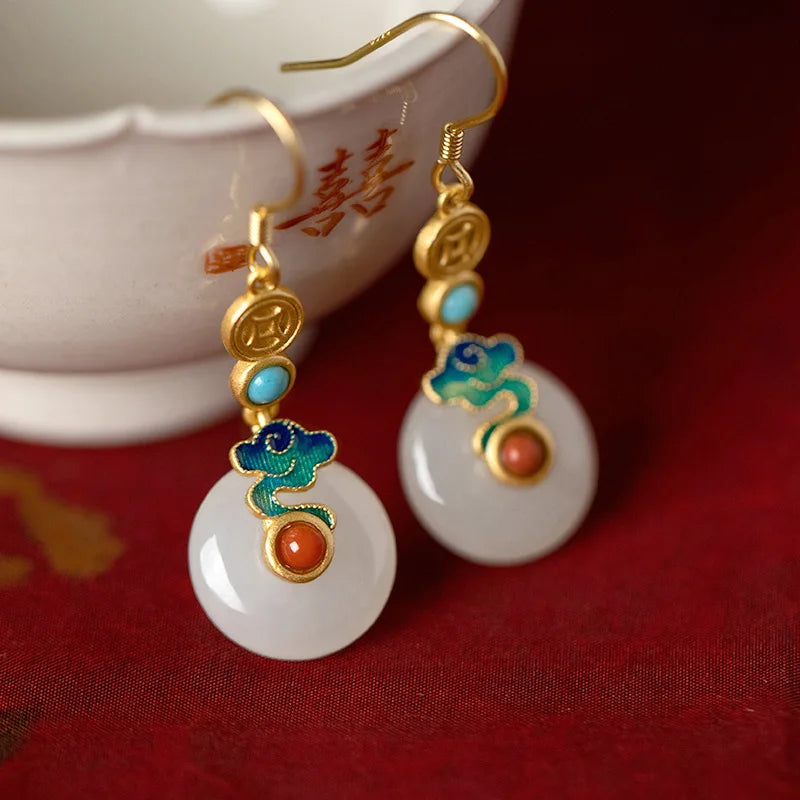 VENTFILLE Hetian Jade Ear Hook Earring Women's High-end Temperament Ethnic Style Retro Earrings Cloisonne Craft Dangler Gift
