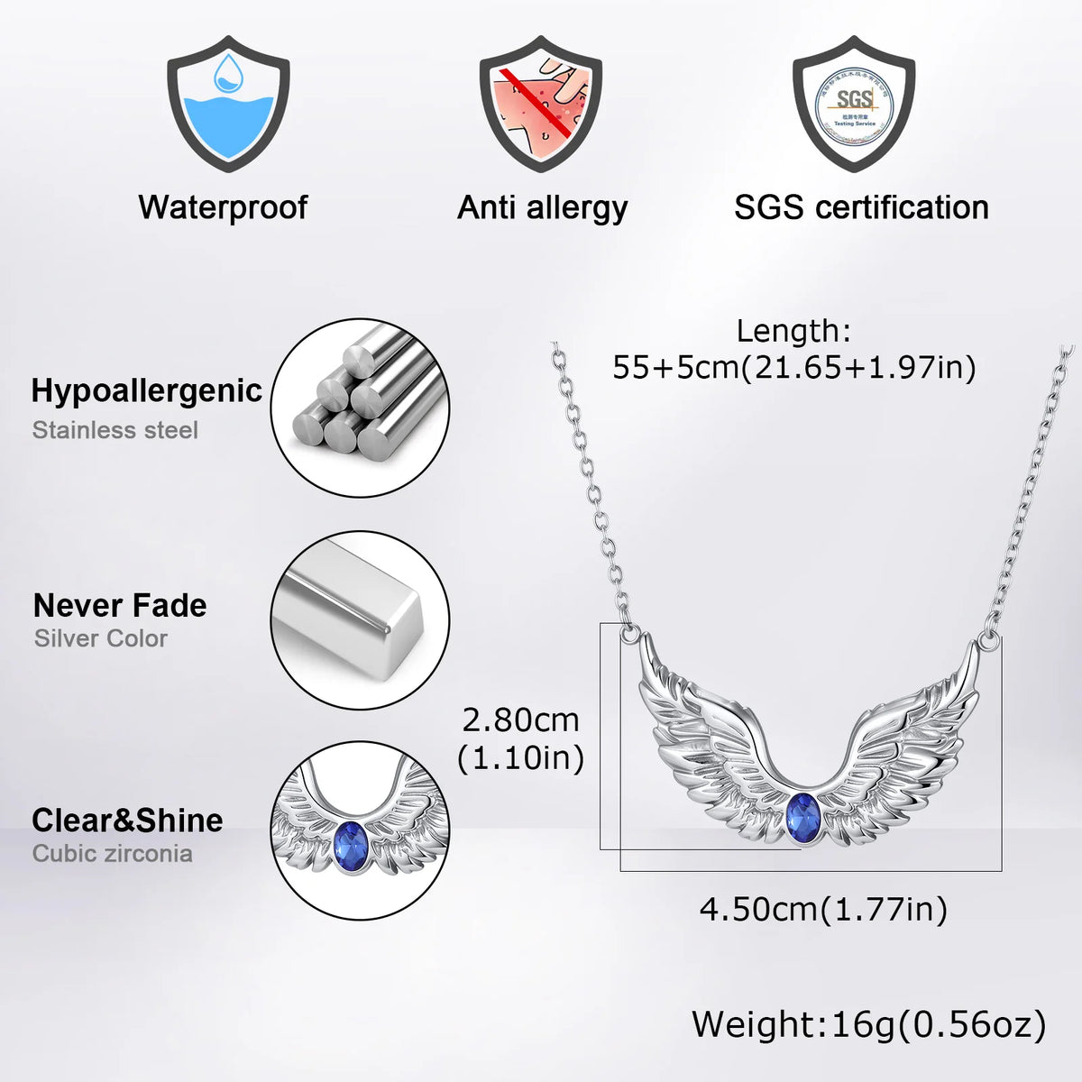 Punk Angel Wings Feather Necklace for Men,Stainless Steel Blue Black Zircon Wings Choker,New Male Jewelry Gift