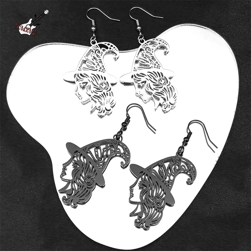 Witch Girl Hat Flower Drop Earring for Women Stainless Steel Black Silver Color Hollow Wicca Halloween Earrings Jewelry