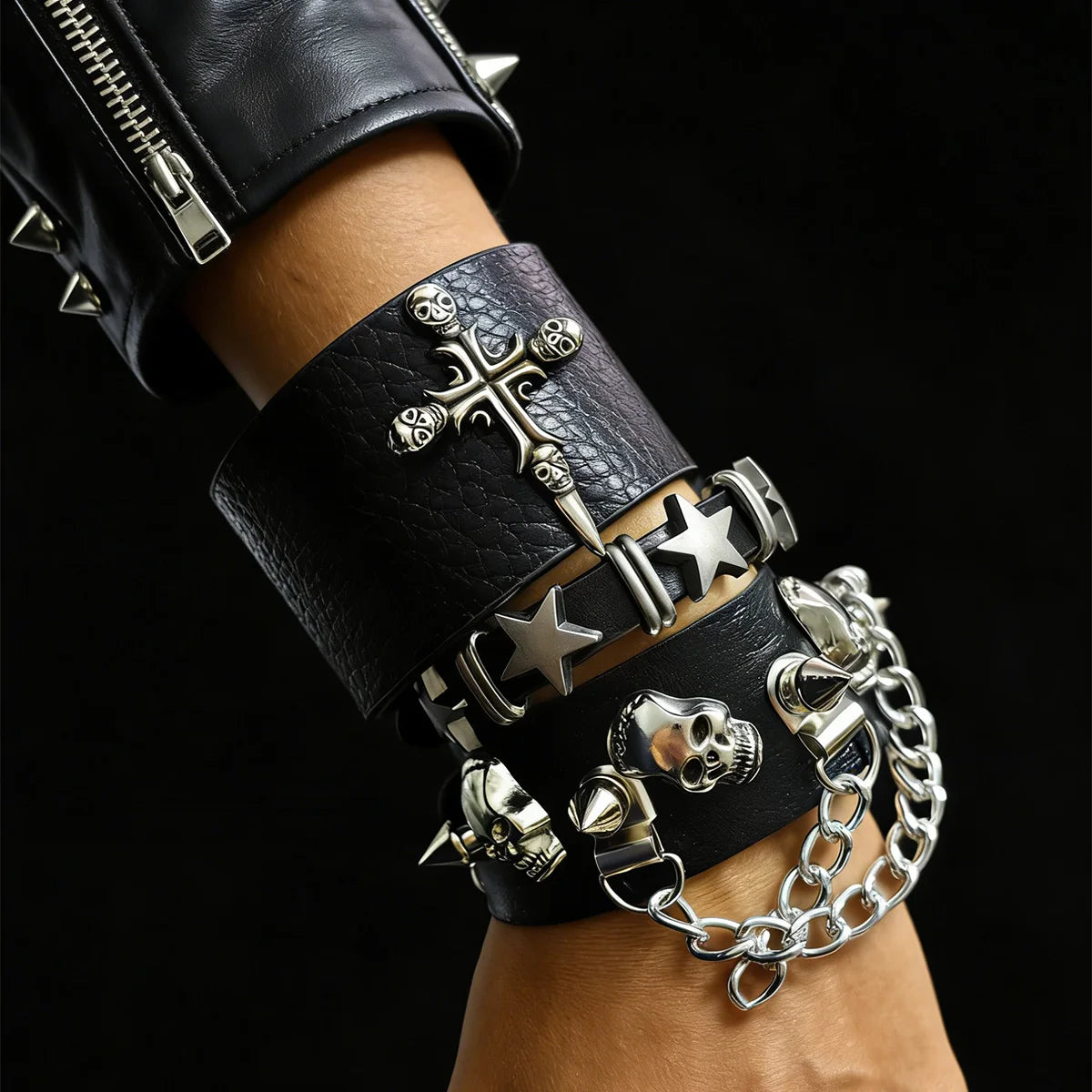 Punk Bracelet for Men Women Set Pu Leather Skull Star Gothic Black Wristband with Metal Spike Studded- Spike Rivets Bangle