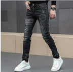 High End Stylish Classic Distinctive Printed Black Stretch Denim Jeans for Men High Quality Slim Fit Stretch Luxury Denim Pants