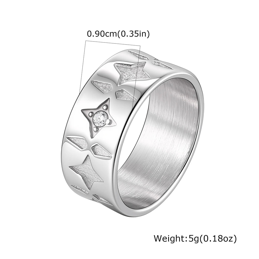 Stainless Steel Wide Band Star Ring for Men,Cubic Zirconia Five Pointed Star Rings,Vintage Punk Unisex Finger Ring Jewelry Gift