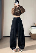 Corduroy cargo wide leg pants women in winter 2025 new high waisted loose fit slimming and ankle tied casual pants