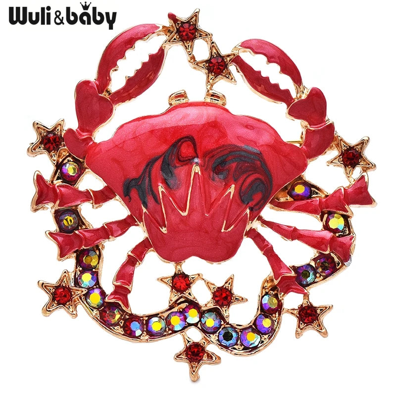 Wuli&baby Enamel Cancer Crab Brooches Beautiful Rhinestone Zodiac Signs Animal Brooch For Women's Clothes Backpack Pins Gifts