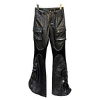 Fashion Casual Rivet PU Leather Trouesrs Women Drawstring Designe Pockets Motorcycle Black Bell-bottoms Street Flared Pants