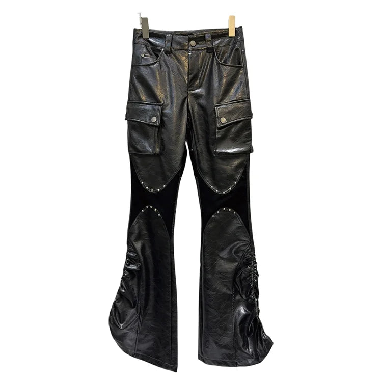 Fashion Casual Rivet PU Leather Trouesrs Women Drawstring Designe Pockets Motorcycle Black Bell-bottoms Street Flared Pants