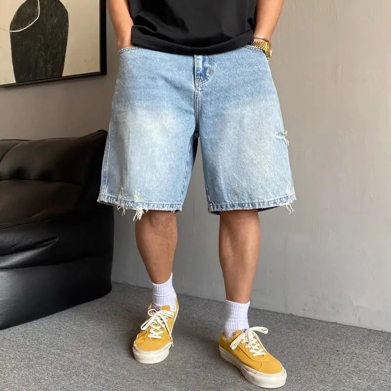 Fashion 2026 New Retro Personalized Ripped Denim Shorts Men's Summer Trendy Brand Ruffian Handsome Straight Baggy Medium Pants