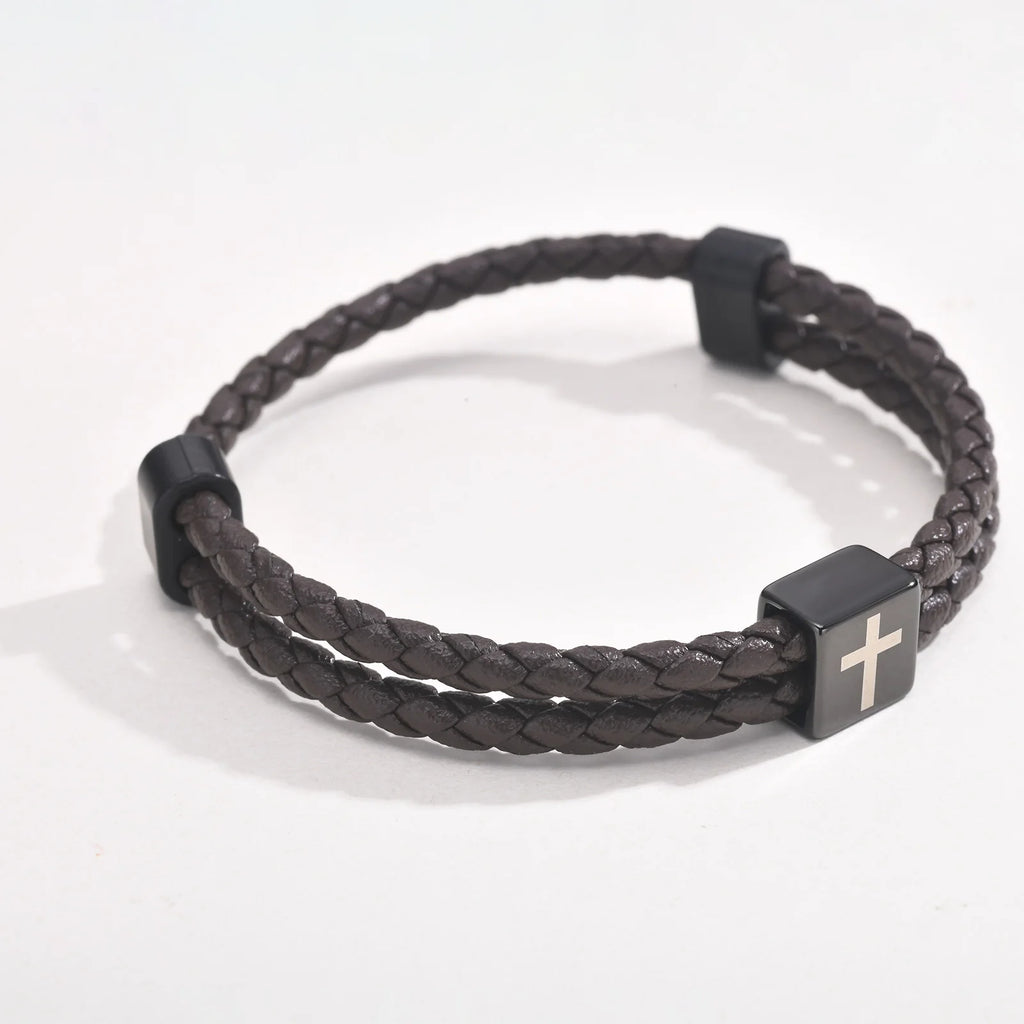 Mens Microfiber Leather Bracelet,Black Adjustable Cross Symbol Rope Wristband,Religious Faith Christ Gift Jewelry